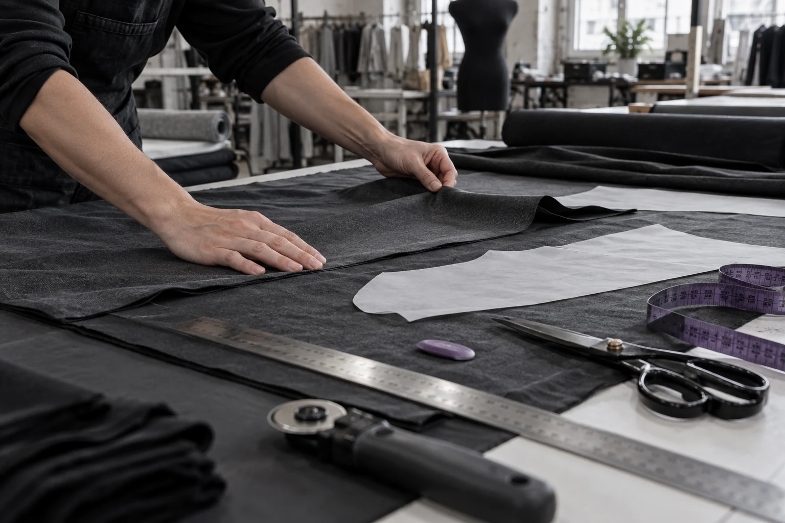 Раскрой чёрной ткани по лекалам